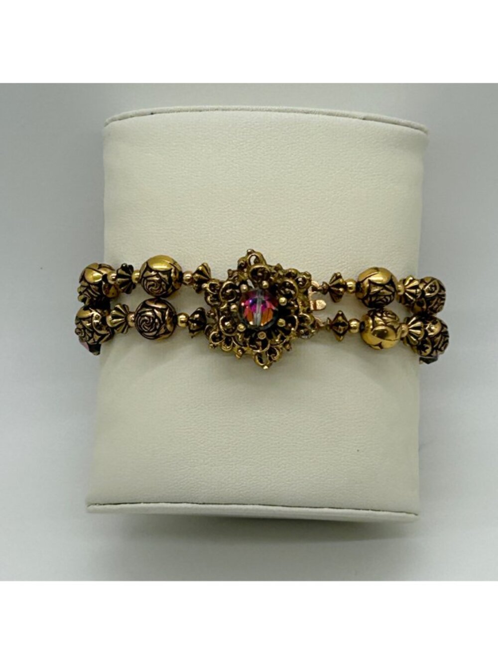 Vintage 1950s Double Strand Gold Rosette Aurora Borealis AB Crystal Bracelet - Picture 9 of 11
